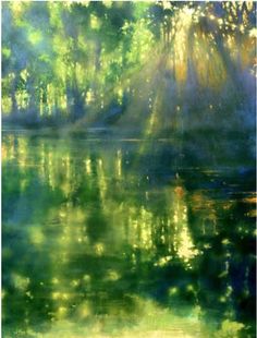 the sun shines through the trees over the water