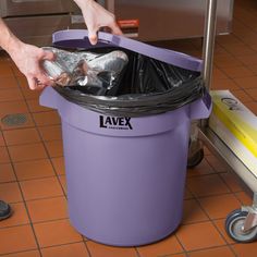 This Lavex Janitorial 20 gallon purple commercial trash can and lid is the ideal solution for efficient waste management in your establishment. The can and lid are made of a durable resin material that holds up well to the wear and tear of being in a commercial environment. With strong handles and a reinforced bottom, the can is easy to lift and move from one place to another without fear of breaking or warping. Use the included lid to seal the container, trapping in unpleasant odors and conceal Trash Storage, Allergen Free Recipes, Food Handling, Can Lids, Bulk Food, Drying Pasta, Waste Management, Commercial Kitchen, Resin Material