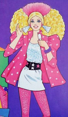 a drawing of a blonde haired girl in pink and white clothes holding an ice cream cone