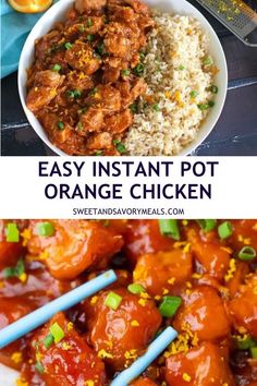 a plate with rice and easy instant pot orange chicken and chunks of orange chicken made in the pressure cooker topped with orange zest and fresh green onion Instant Pot Orange Chicken, Chicken Orange, Panda Express Orange Chicken, Rice Instant Pot, Easy Orange Chicken, Flexitarian Recipes, Chicken Over Rice, Easy Pressure Cooker Recipes, Pressure Cooker Recipe