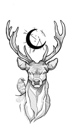 a drawing of a deer's head with the moon in the middle of its antlers