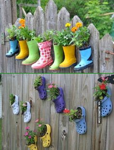 two pictures side by side, one with rain boots and the other with flowers in them