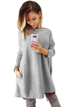 Gray Oversized Batwing Sleeve Sweater Dress Oversized Sweater Dress, Cool Autumn, Batwing Sleeve Sweater, Oversized Grey Sweater, Sweater Dress Oversized, Sweater Dresses, Plain Color, Style Looks, Sweater Dress Women