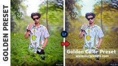 a man standing in the middle of a forest wearing sunglasses and a shirt that says golden color preset