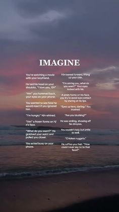 the words imagine are written in front of an ocean sunset