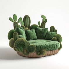 a green couch with many pillows and cactus plants on it's back end, sitting in front of a white background