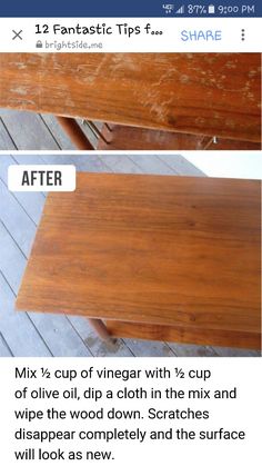 the before and after pictures of an old table with vinegar stain on it's surface