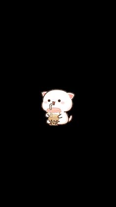 a white cat with a drink in it's hand on a black background,