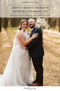 a bride and groom standing in the woods with text overlaying them that reads, catlin david's backyard wedding in newport, wa