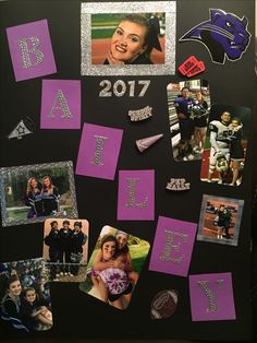 a bulletin board with pictures, letters and photos pinned to the back of each board