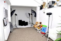 a photo studio with two teddy bears in chairs and three lights on either side of the room