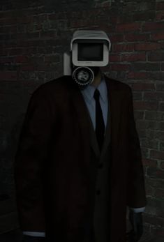 a man wearing a suit and tie with a gas mask on his face, standing in front of a brick wall