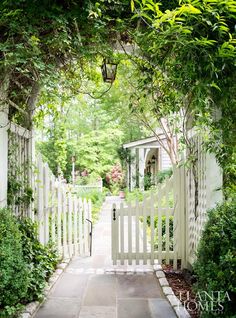 an open white gate leading into a lush green garden