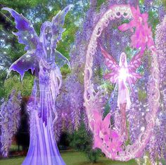 an angel statue in front of purple wisters and a circular frame with pink flowers