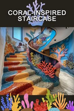 the stairs are painted with colorful corals and seaweed in this image, there is a