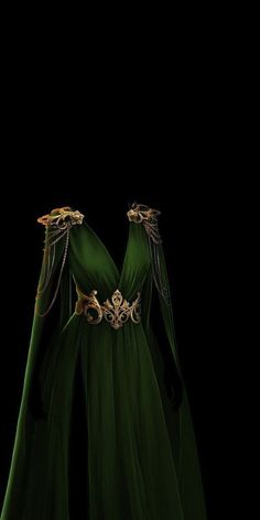 Hotd Dragons Outfits, Green Fantasy Outfit, Green Fantasy Dress, Fantasy Gowns Warriors, Asgard Dress, Targaryen Clothes, Asgardian Dress, Ball Gowns Black, Green And Gold Dress