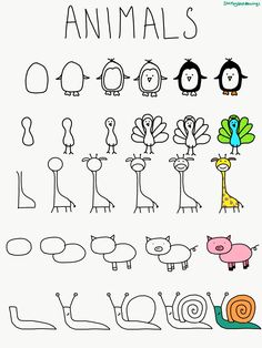 Step by step , doodles, animals, pig, peacock, snail, giraffe, penguin, draw, drawing , doodle, doodles, doodling Doodle Art Drawing Step By Step, Easy Doodle Animals, Animal How To Draw, Doodle Art Easy Simple Cute Animals, Cute Things To Draw Easy Doodles Step By Step, Art Step By Step Drawings Easy, Fun Easy Doodles To Draw, Doodle Ideas Step By Step, Peacock Doodle Art Easy