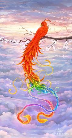 a painting of a colorful bird perched on a branch in the clouds with rainbow colors