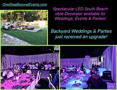 an event with purple lighting and white drapes on the walls is featured in this collage