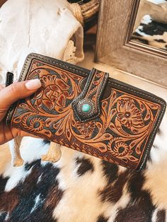 wallet contains multiple card holders. 8x4” zip closure Brown Hand Tooled Trifold Wallet, Small Western Wallet, Custom Brown Hand Tooled Wallets, Rustic Leather Wallets With Card Slots, Western Leather Wallet With Card Slots, Gift Boutique, Card Holders, Custom Items, Leather Wallet