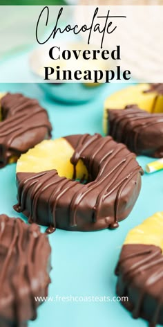 An image of chocolate covered pineapple rings on a Teal backdrop. Fruits Dipped In Chocolate Ideas, Cheesecake Dipped Pineapple, Dark Chocolate Dip, Snacks With Pineapple, Dipped Pineapple Slices, Dipping Fruit In Chocolate, Pineapple Treats For Party, Chocolate Dipped Fruit Ideas, Chocolate Dipped Pineapple Slices