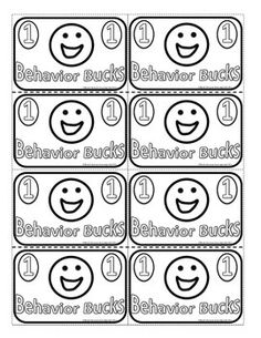 four blank labels with smiley faces and the words behaviorbuckks written in black ink