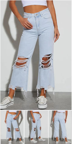 Casual Ripped Distressed High Waist Loose Denim Jeans Denim Style Casual, Long Pants, Workout Pants, Denim Jeans, Pants