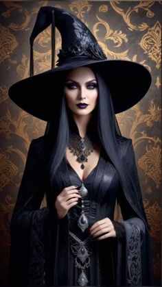 a woman wearing a witches hat and black dress