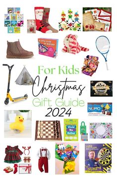 christmas gift guide for kids with toys and gifts on it, including shoes, hats, socks