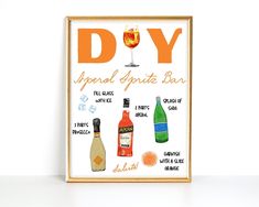 an orange and white poster with different types of liquors on it, in front of a white wall