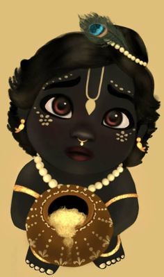 a cartoon character with black hair and pearls holding a golden object in her hands,