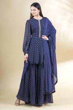 Shop for Neha Khullar Blue Chiffon Printed Kurta Sharara Set for Women Online at Aza Fashions Eid Sharara With Bandhani Print In Georgette, Blue Sharara With Printed Motifs For Wedding, Blue Bandhani Print Chanderi Sharara, Blue Printed Motifs Sharara For Wedding, Festive Blue Bandhani Print Palazzo Set, Blue Unstitched Sharara With Bandhani Print, Designer Blue Sharara With Printed Motifs, Blue Bandhani Print Palazzo Set For Eid, Blue Sharara With Printed Motifs And Traditional Drape