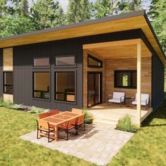 a small house with a covered patio and picnic table