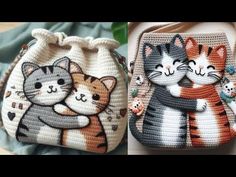 two purses with cats painted on them and one has a cat in the bag