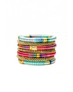 Perfect colors for a tropical getaway! With colours that resemble the blue waters of the ocean and the fiery sunsets of the grand island of Mustique, this stack has 4 silk bangles paired with 3 metal ones. www.hamptonbanglecompany.com #bracelets #fashion #jewelry #trend #style #accessory #sexy #bangles  #imaginehappy Tropical Getaways, Resort Style, Blue Water, The Ocean