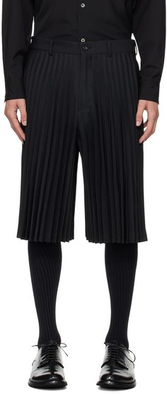 Garment-pleated polyester gabardine shorts. · Belt loops · Two-pocket styling · Zip-fly Supplier color: Black Black Pleated Knee-length Bottoms, Short Accordion Pleated Bottoms For Workwear, Black Pleated Shorts, Pleated Shorts, Des Garcons, Comme Des Garcons, Men Fashion, Short Outfits, Apparel Accessories