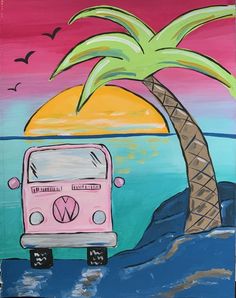 a painting of a pink van parked under a palm tree on the beach at sunset