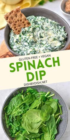 spinach dip in a bowl with crackers on the side and green spinach leaves