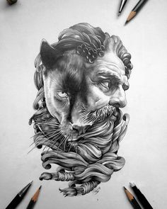 a pencil drawing of a man's face with a cat on top of it