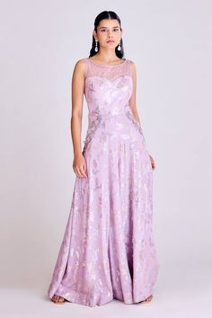 Lilac flared silhouette jumpsuit with padded bodice, embroidered with floral pattern and sequins. - Aza Fashions Sleeveless Evening Dress For Festive Occasions, Festive Dresses With Sheer Bodice, Festive Sleeveless Sequin Evening Dress, Sleeveless Gown With Floral Embroidery For Gala, Sleeveless Gown With Floral Embroidery For Reception, Sleeveless Sequined Gown, Festive Sleeveless Evening Dress With Fitted Bodice, Sleeveless Evening Dress With Floral Embroidery, Glamorous Floral Embroidered Gown