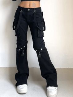 Metal Leg Loop Pocket Straight Cargo Jeans - AnotherChill Cargo Jeans Black, Preppy Punk, Jeans Online Store, Street Y2k, Vintage Preppy, Jeans Cargo, Bodycon Floral Dress, Jeans Online, Crop Top Blouse