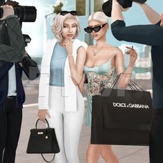 two women standing next to each other holding shopping bags and taking pictures with cameramen