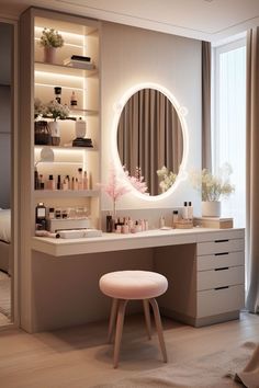 a bathroom with a vanity and stool next to a large round mirror on the wall