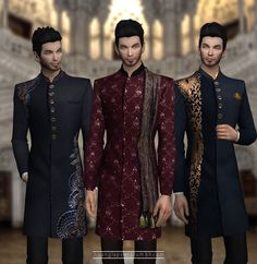 three men are dressed in different colors and patterns