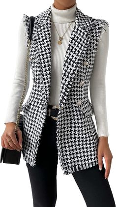 WDIRARA Women's Houndstooth Print Sleeveless Lapel Raw Trim Button Front Long Vest Jacket at Amazon Women's Coats Shop Sleeveless Blazers For Women, Vest Jacket Outfits For Women, Winter Clothes Design, Jacket Ideas For Women, Sleeveless Coat Outfit, Sleeveless Jacket Outfit, Cute Work Clothes, Long Vest Jacket, Long Sleeveless Vest