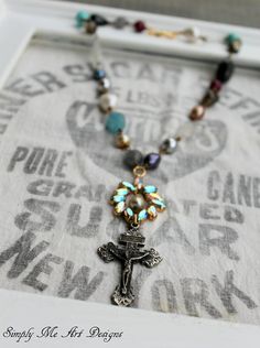 Vintage AB Rhinestone Gemstone Pearl and Crucifix by simplymeart Elements Jewelry, Altered Jewelry, Assemblage Jewelry, Assemblage