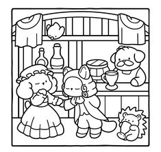 a black and white drawing of children playing with toys