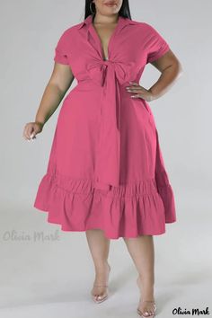 Olivia Mark - Voguish Plus Size A-Line Dress with Flawless Design, Chic V-Neck, Folded Bow, and Premium Rose Red Solid Patchwork Long Chiffon Skirt, Shirt Dress Summer, Casual Wear Women, Dress Order, High Waist Fashion, Tie Styles, Plus Size Summer, Patchwork Dress, Mid Dresses