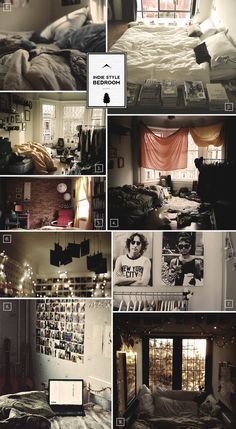 multiple pictures of an unmade bed in a small room with windows and curtains on the wall