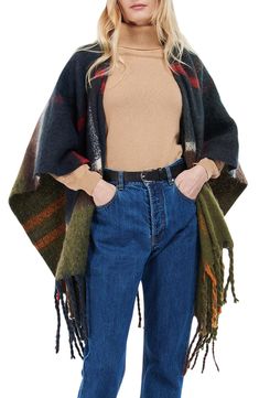 Rustic plaid enriches a charming shawl with indelible appeal. 28" to 39" length; 7" fringe 100% polyester Hand wash, dry flat Imported Barbour Scarf, Plaid Shawl, Rain Boots Women, Scarf Poncho, Fall Outfits For Work, Fringe Trim, Wool Blend Sweater, Holiday Card, Womens Scarves